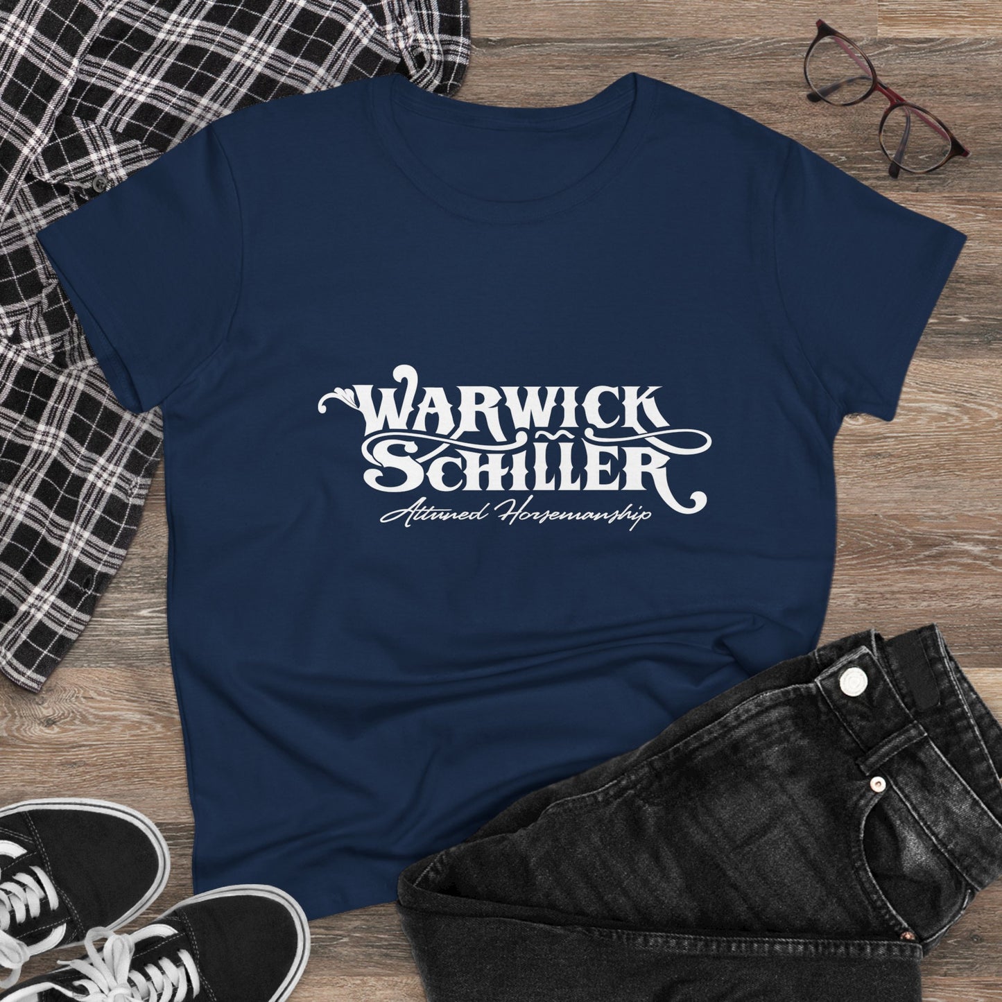 Warwick Schiller Vintage Script Women's Tee — Equestrian Trainer Design