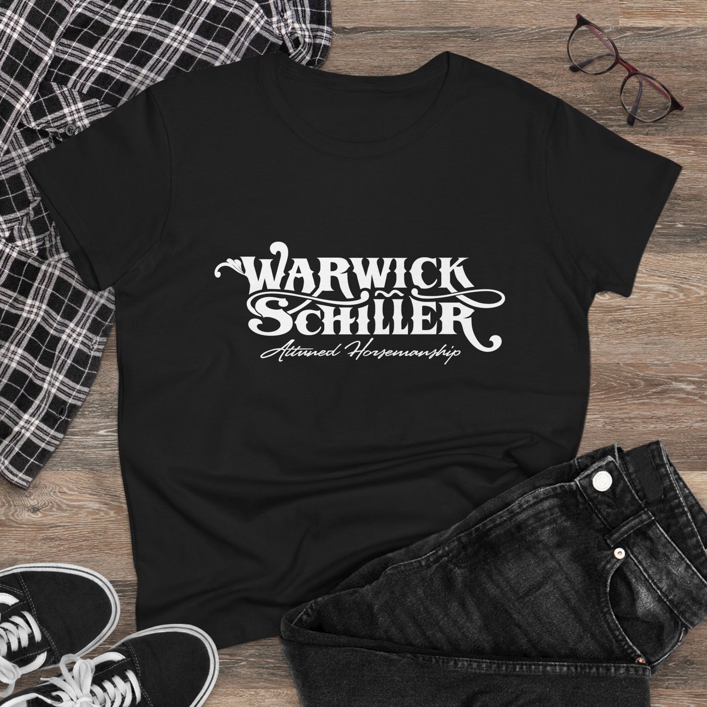Warwick Schiller Vintage Script Women's Tee — Equestrian Trainer Design