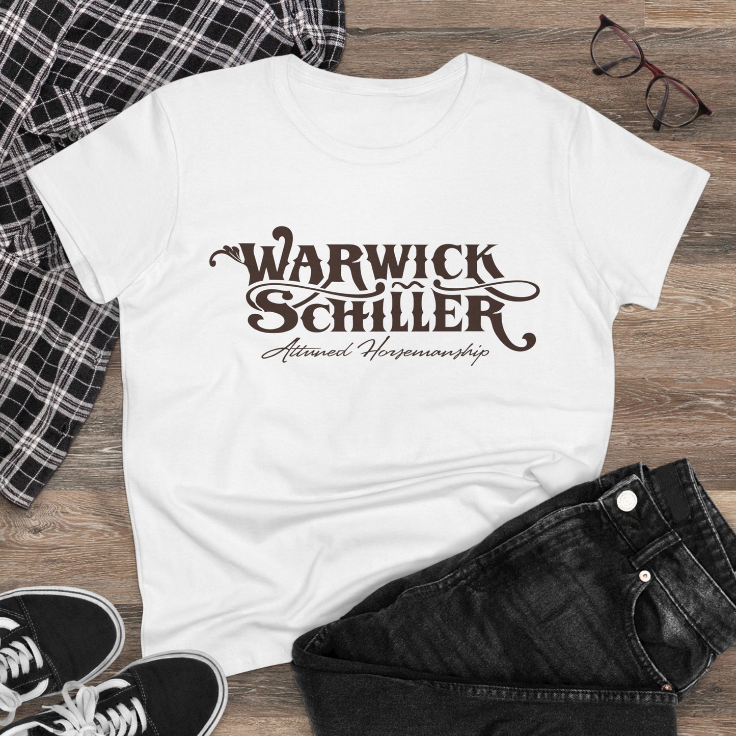 Warwick Schiller Vintage Script Women's Tee — Equestrian Trainer Design